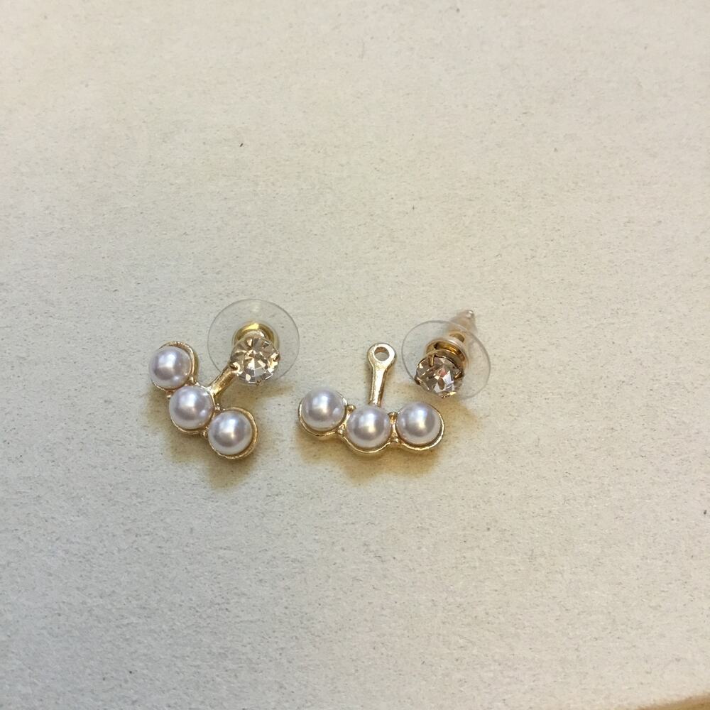Front Back Gold Tripple Pearl Faux Diamond Stud Earrings - Picture 7 of 8